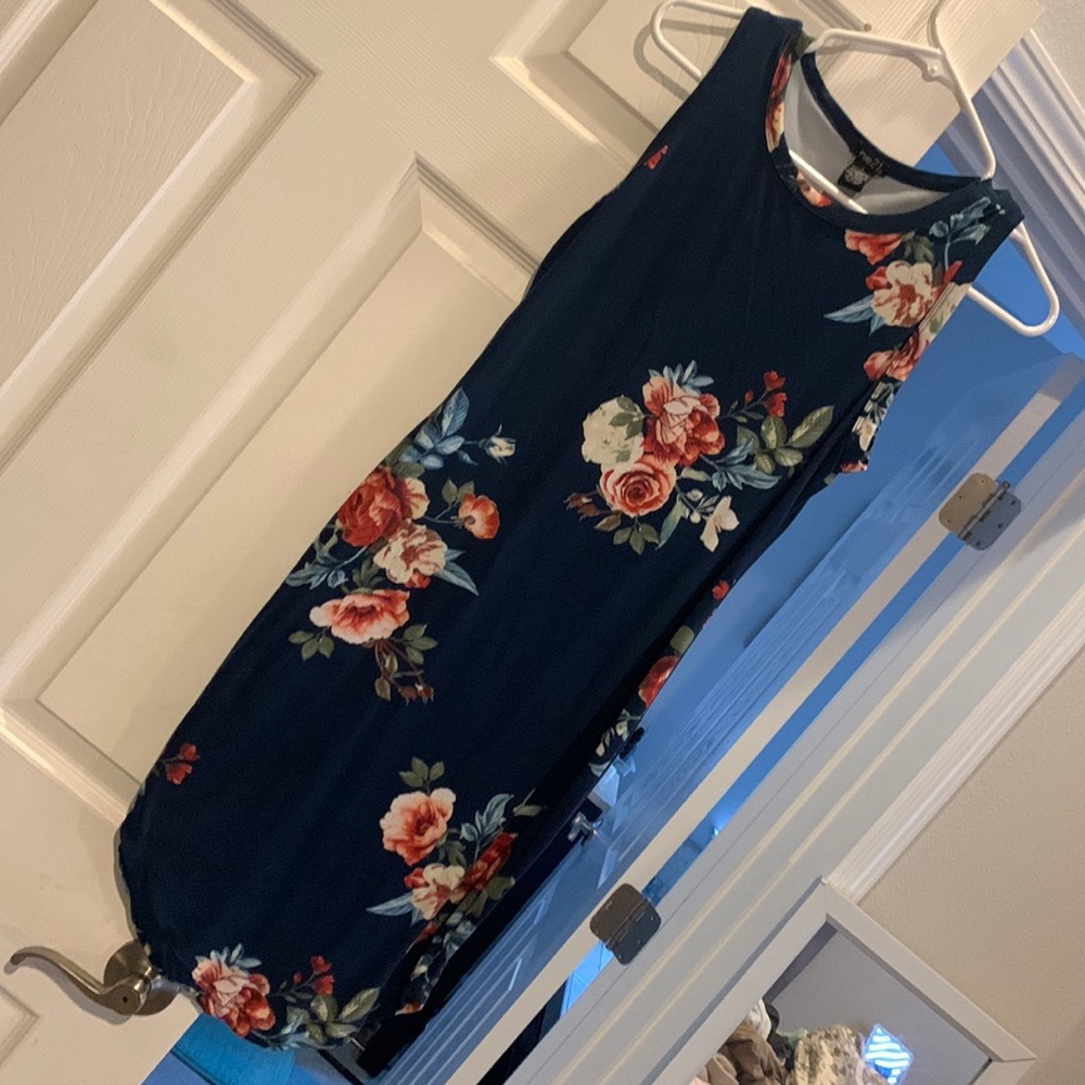 Dark blue dress with red flowers